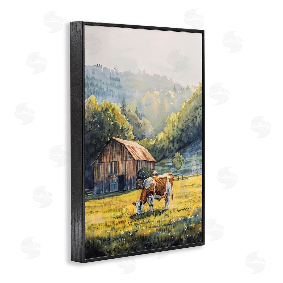 Brown Spotted Cow Grazing Black Frame Print Wall Art, Home Decor by Franklyn Gregory