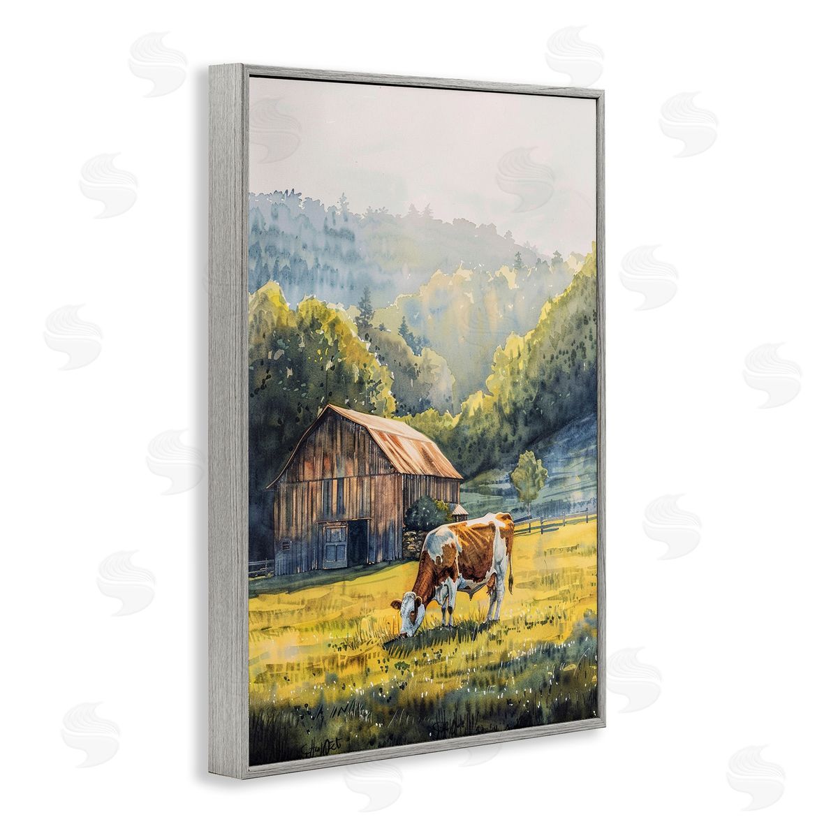 Brown Spotted Cow Grazing Grey Frame Print Wall Art, Home Decor by Franklyn Gregory