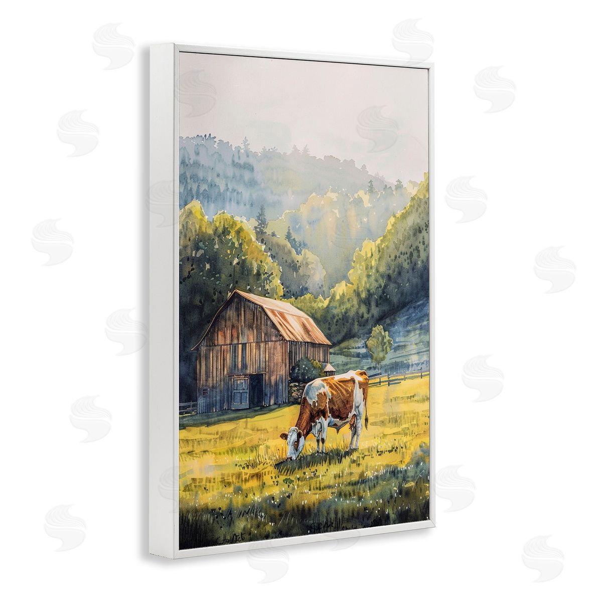 Brown Spotted Cow Grazing White Frame Print Wall Art, Home Decor by Franklyn Gregory