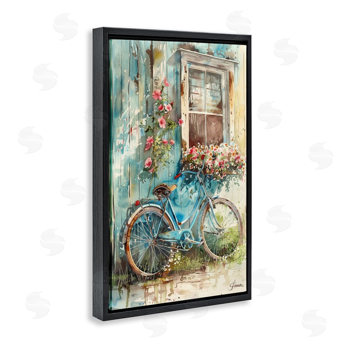 Leaning Spring Bicycle Black Floating Frame Canvas Wall Art, Home Decor by Franklyn Gregory