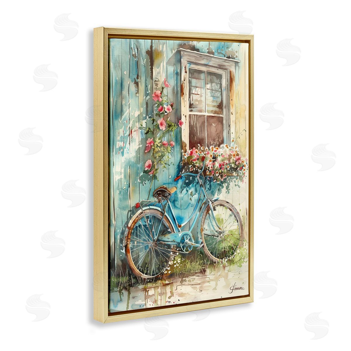 Leaning Spring Bicycle Gold Floating Frame Canvas Wall Art, Home Decor by Franklyn Gregory