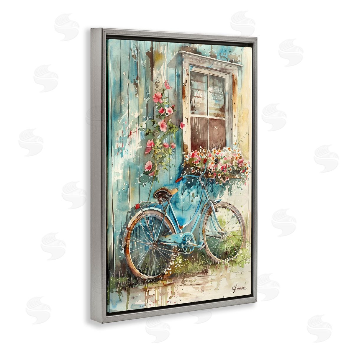 Leaning Spring Bicycle Grey Floating Frame Canvas Wall Art, Home Decor by Franklyn Gregory