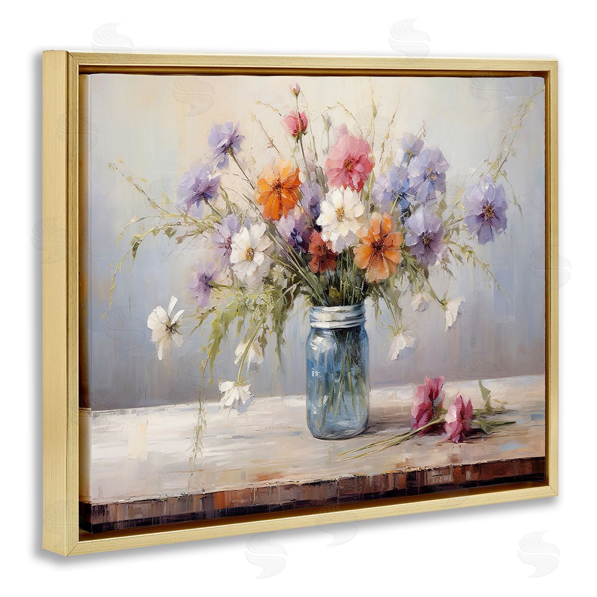 Wildflowers in Country Jar Gold Floating Frame Canvas Wall Art, Home Decor by Franklyn Gregory