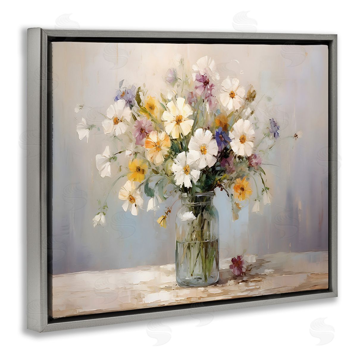 Wildflowers in Glass Jar Grey Floating Frame Canvas Wall Art, Home Decor by Franklyn Gregory