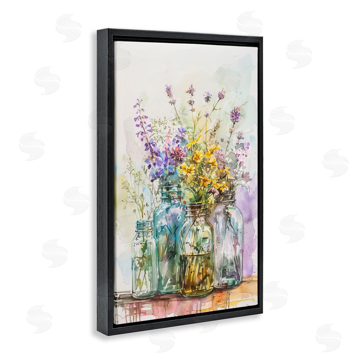 Bright Wildflower Jars Black Floating Frame Canvas Wall Art, Home Decor by Franklyn Gregory