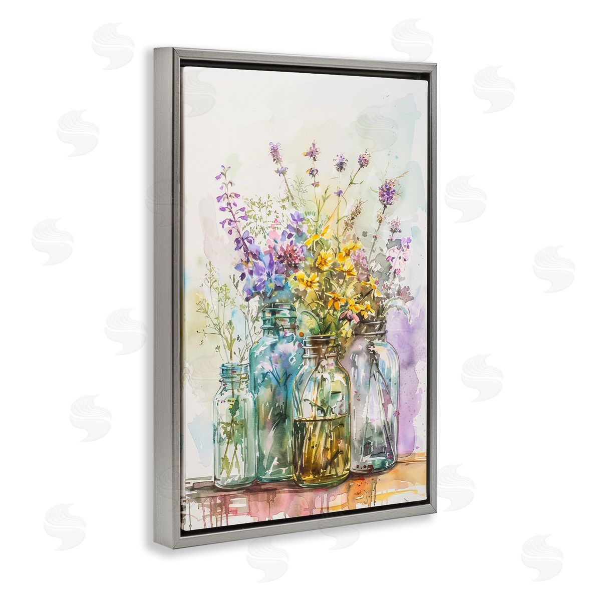 Bright Wildflower Jars Grey Floating Frame Canvas Wall Art, Home Decor by Franklyn Gregory