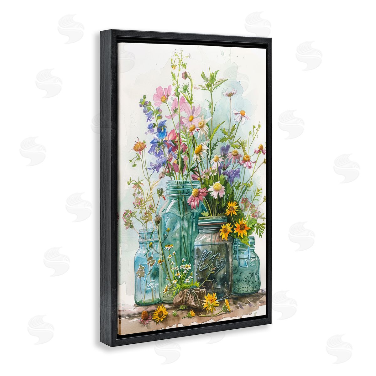 Bright Garden Blooms Jars Black Floating Frame Canvas Wall Art, Home Decor by Franklyn Gregory