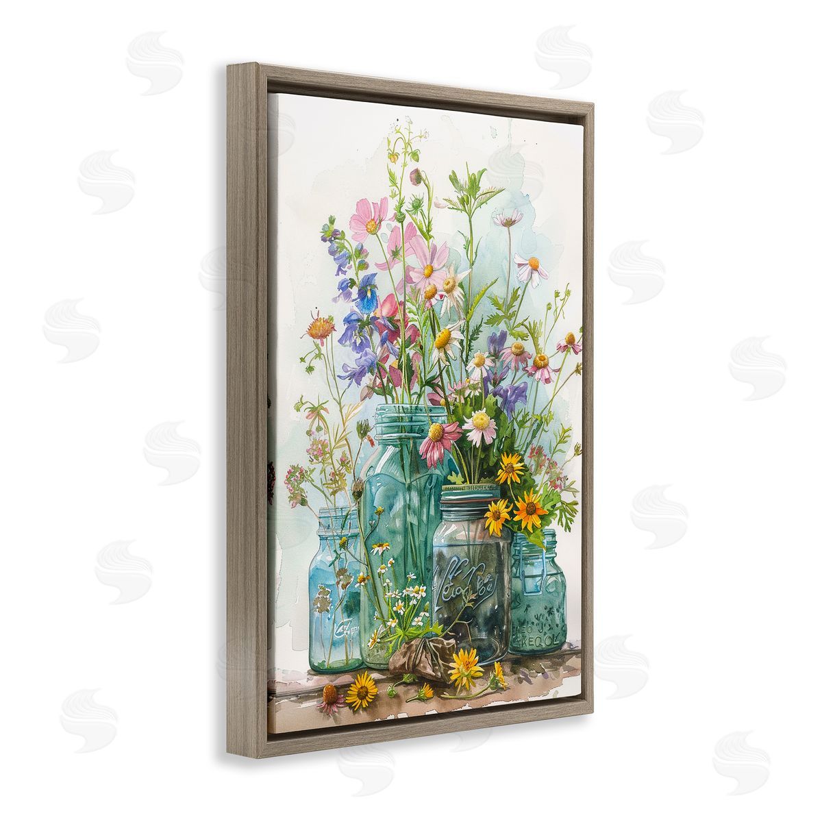 Bright Garden Blooms Jars Brown Floating Frame Canvas Wall Art, Home Decor by Franklyn Gregory