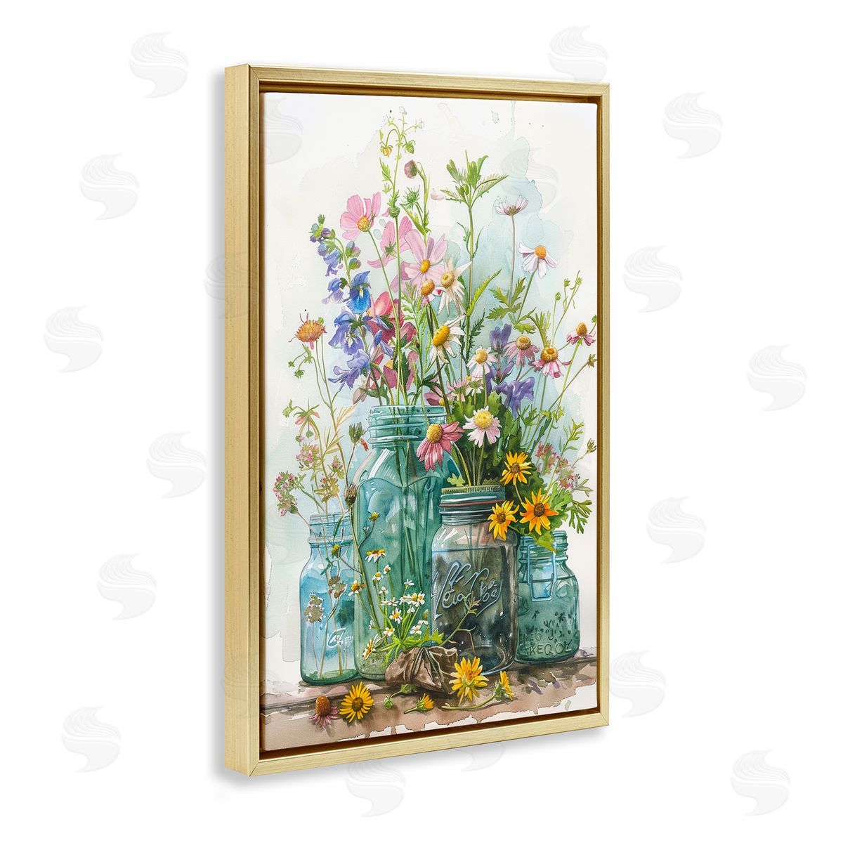 Bright Garden Blooms Jars Gold Floating Frame Canvas Wall Art, Home Decor by Franklyn Gregory