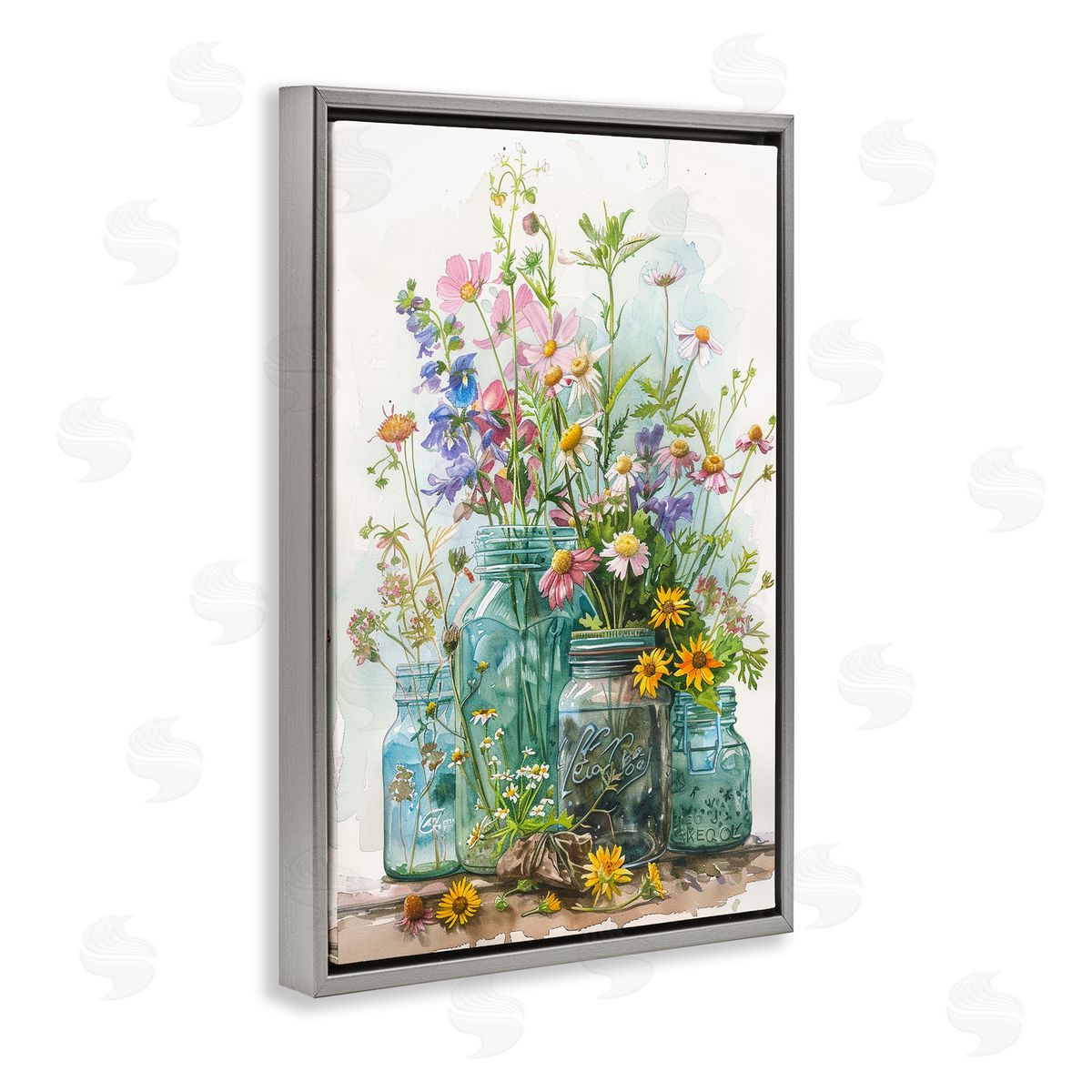 Bright Garden Blooms Jars Grey Floating Frame Canvas Wall Art, Home Decor by Franklyn Gregory