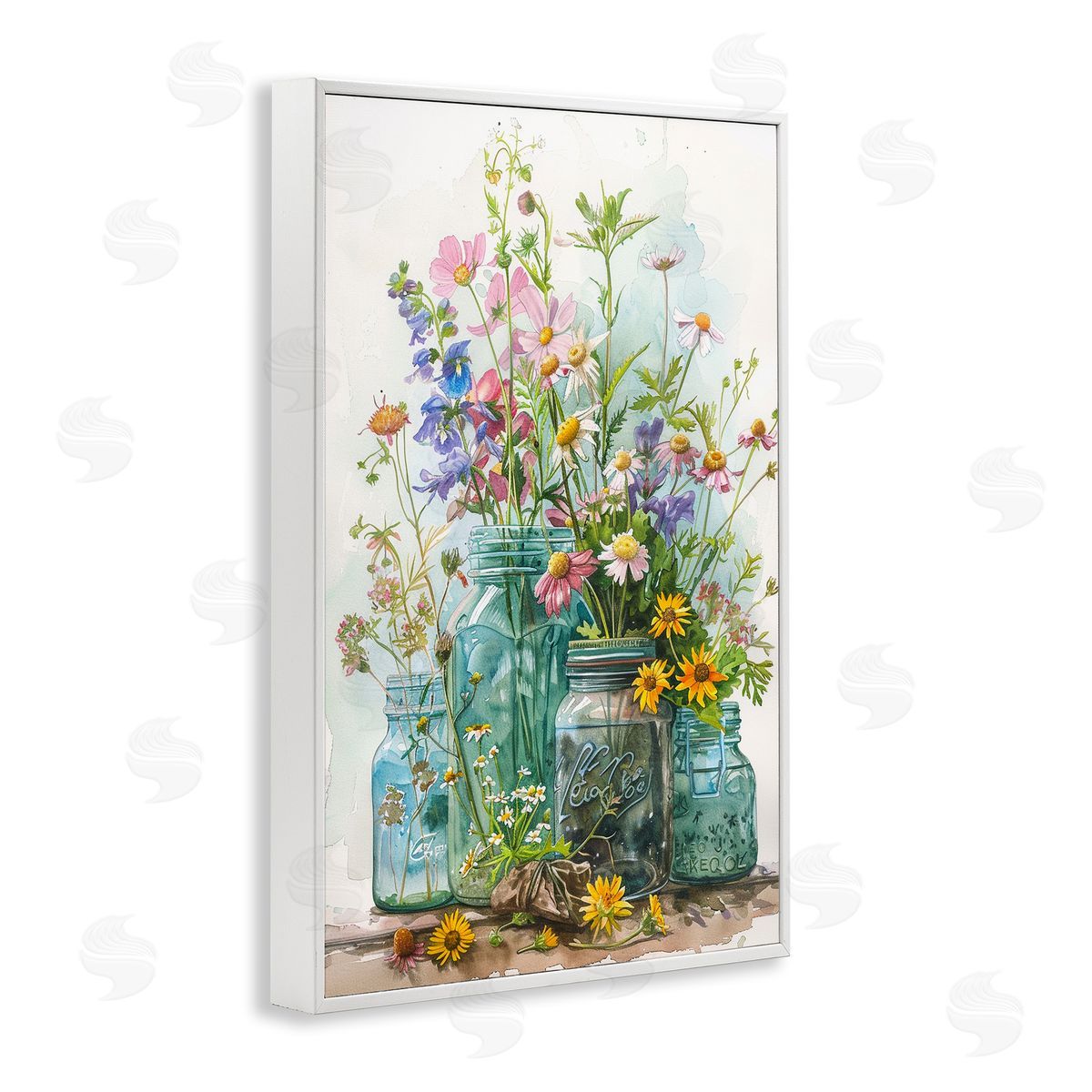 Bright Garden Blooms Jars White Frame Print Wall Art, Home Decor by Franklyn Gregory