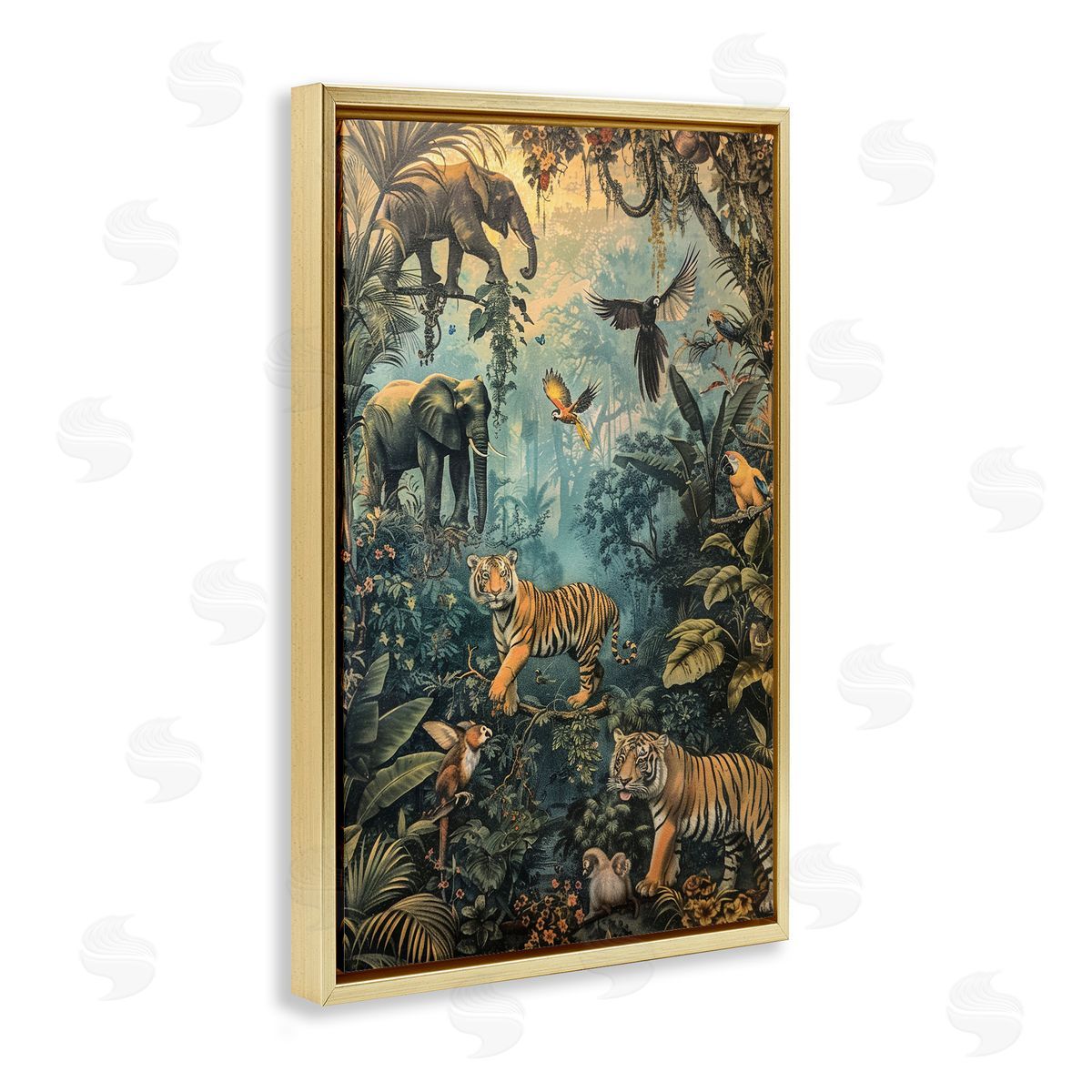 Vintage Rainforest Jungle Gold Floating Frame Canvas Wall Art, Home Decor by Franklyn Gregory