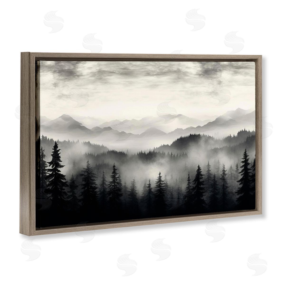 Black & White Gradient Mountains Brown Floating Frame Canvas Wall Art, Home Decor by LSR Design Studio