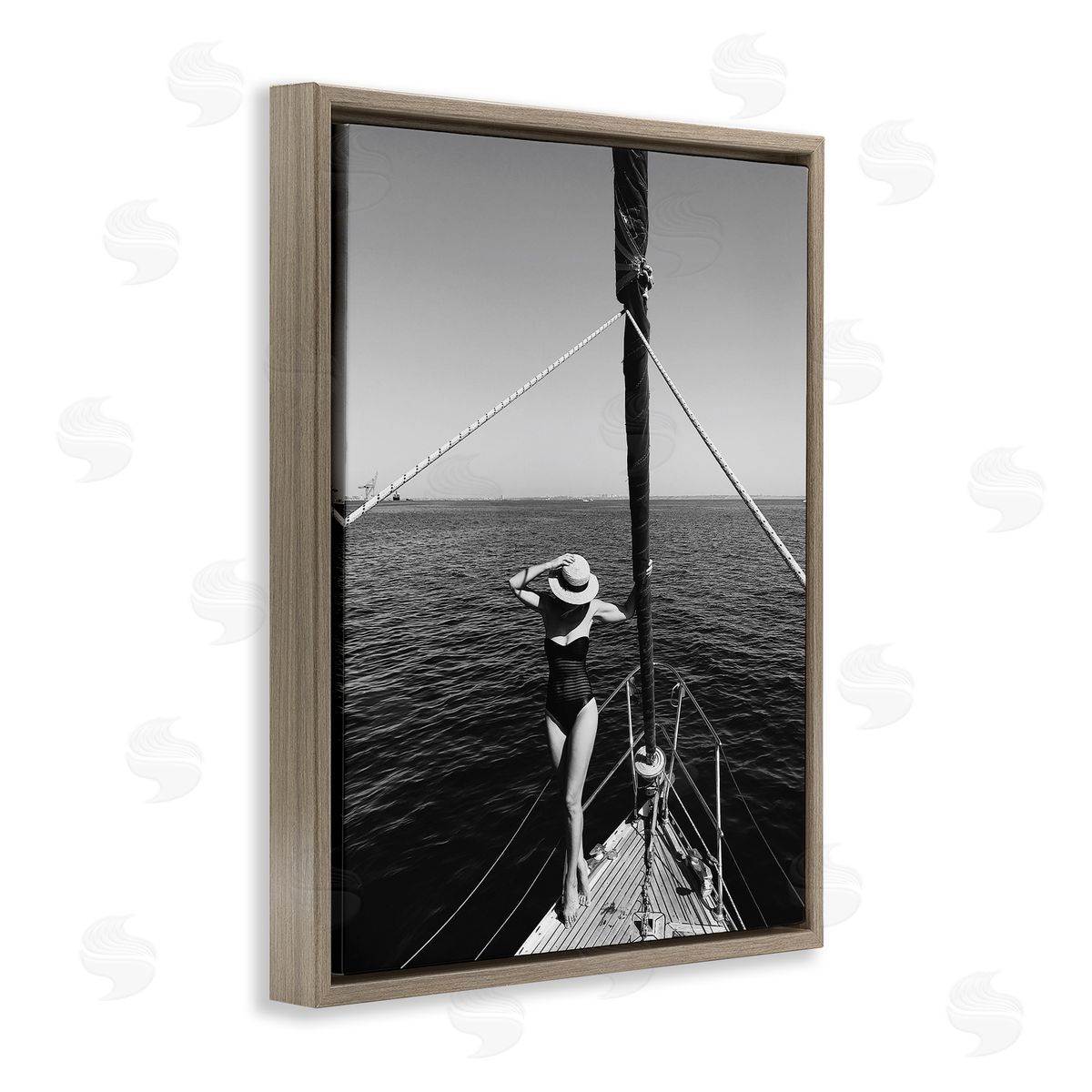 Woman Posing on Boat Brown Floating Frame Canvas Wall Art, Home Decor by LSR Design Studio