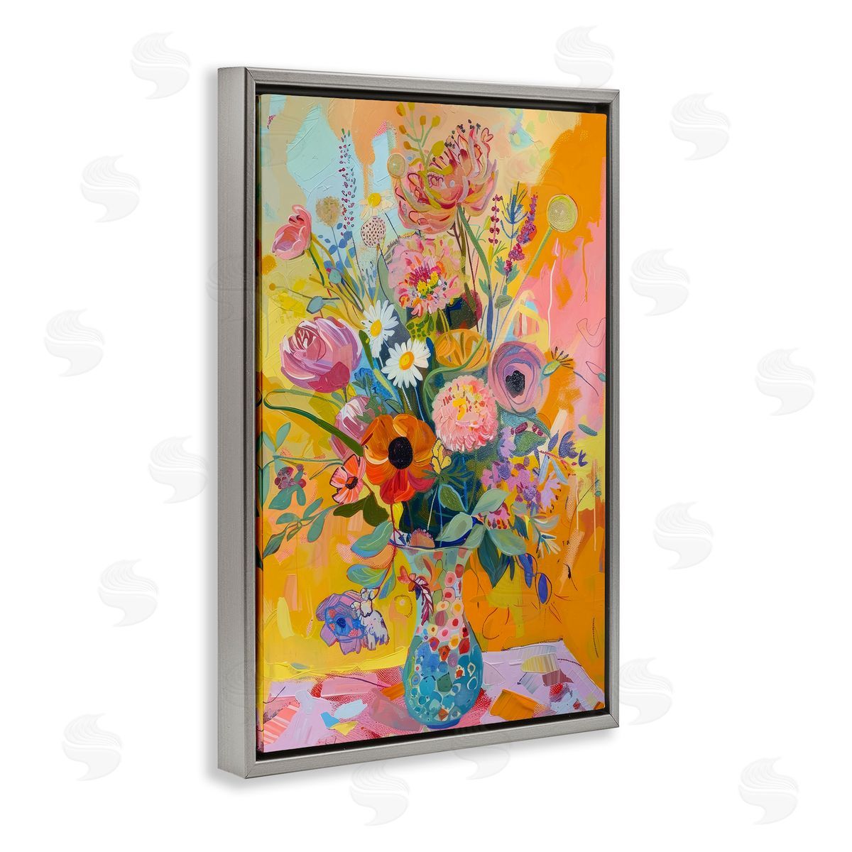 Bright Hued Mod Bouquet Grey Floating Frame Canvas Wall Art, Home Decor by LSR Design Studio