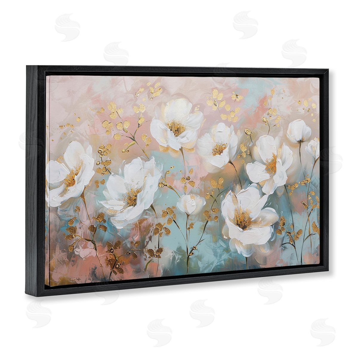 Gold Flecked Poppies Black Floating Frame Canvas Wall Art, Home Decor by LSR Design Studio