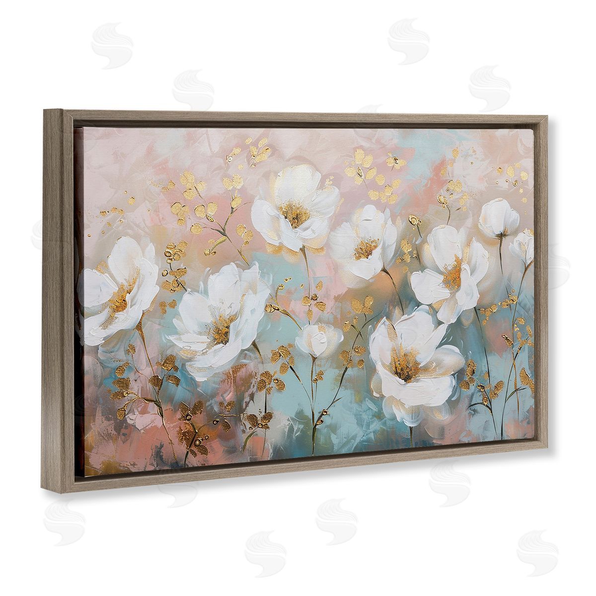 Gold Flecked Poppies Brown Floating Frame Canvas Wall Art, Home Decor by LSR Design Studio
