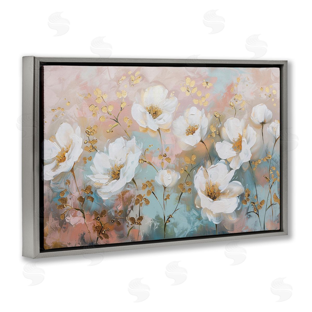 Gold Flecked Poppies Grey Floating Frame Canvas Wall Art, Home Decor by LSR Design Studio