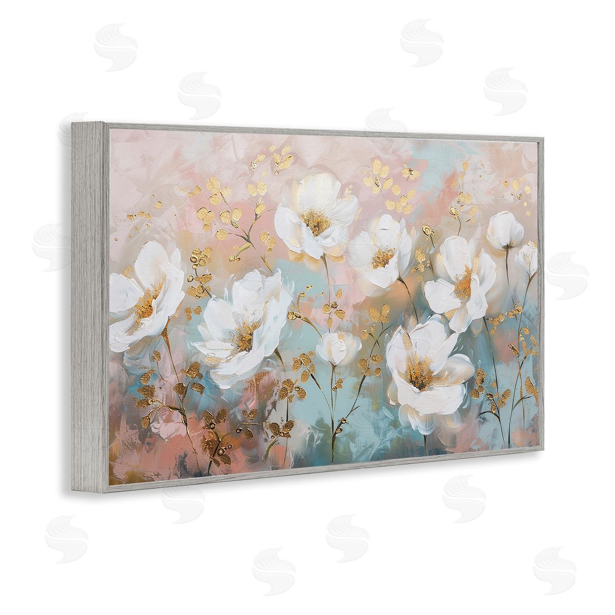 Gold Flecked Poppies Grey Frame Print Wall Art, Home Decor by LSR Design Studio