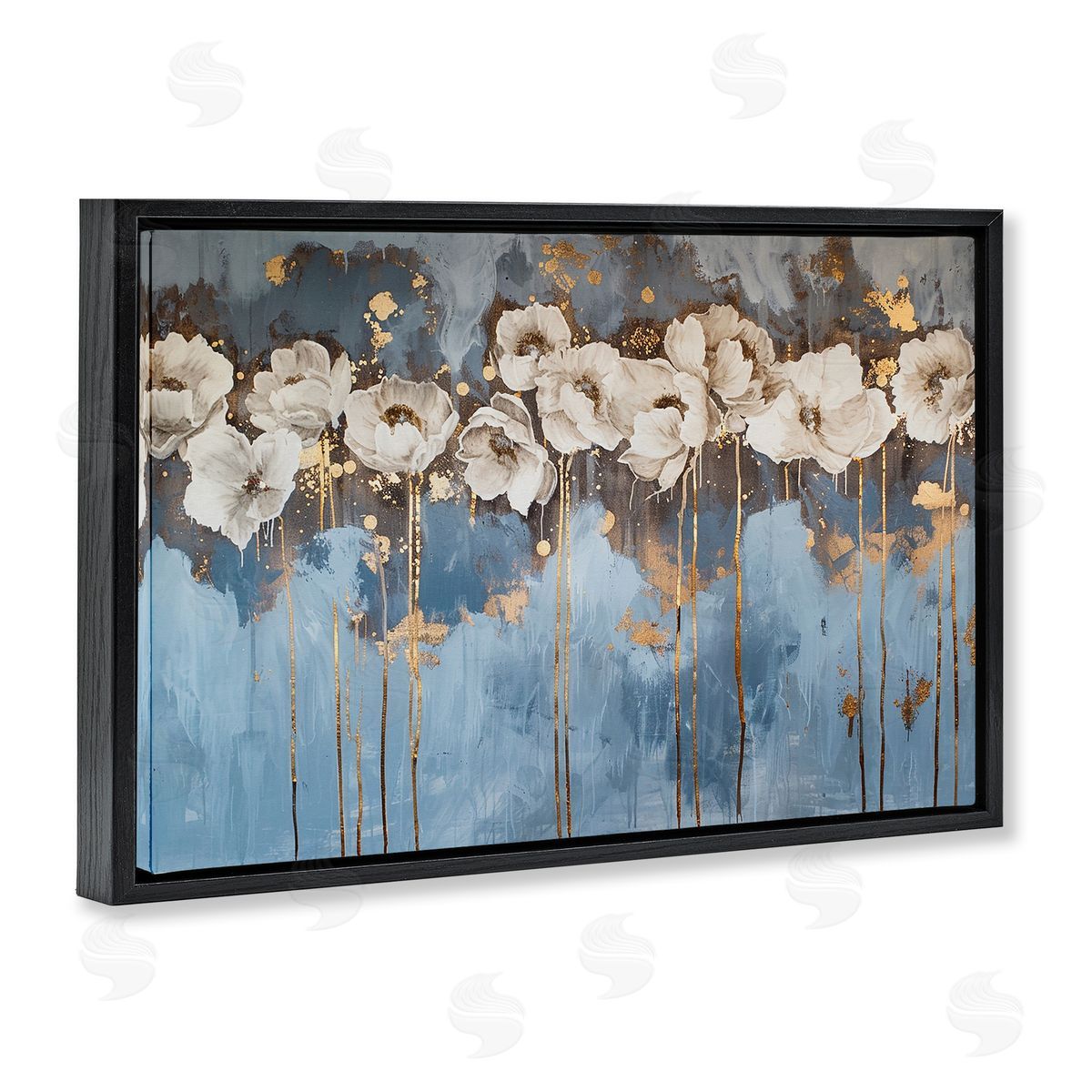Gold Drip Peonies Black Floating Frame Canvas Wall Art, Home Decor by LSR Design Studio