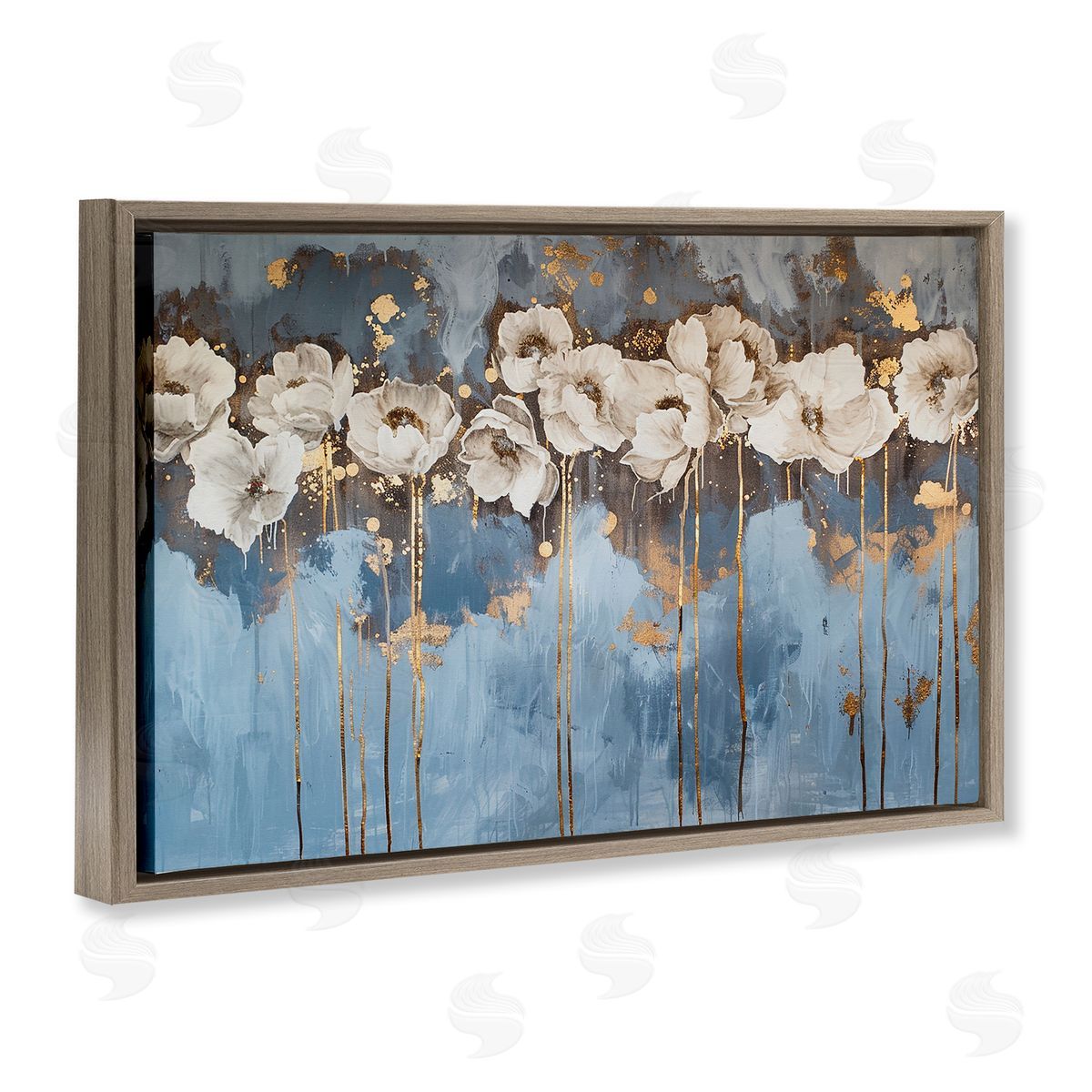 Gold Drip Peonies Brown Floating Frame Canvas Wall Art, Home Decor by LSR Design Studio