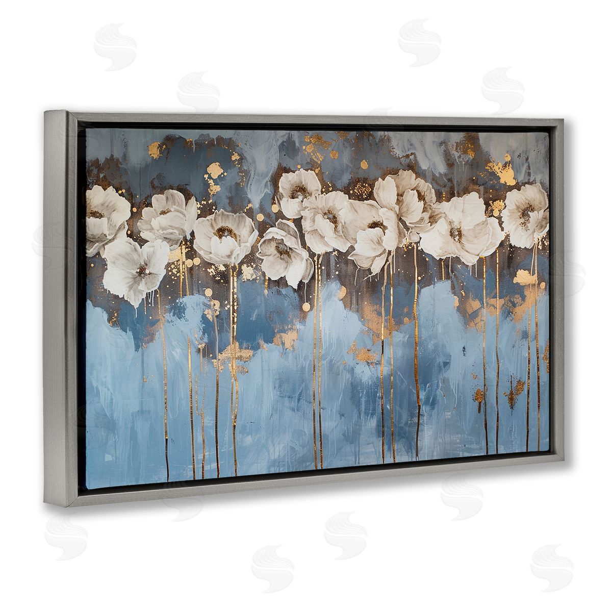 Gold Drip Peonies Grey Floating Frame Canvas Wall Art, Home Decor by LSR Design Studio
