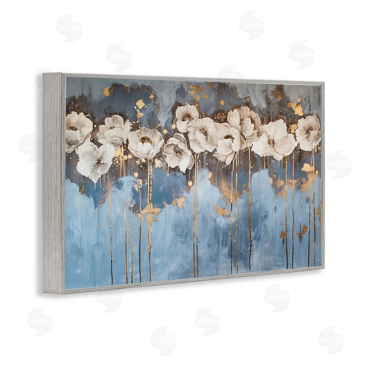 Gold Drip Peonies Grey Frame Print Wall Art, Home Decor by LSR Design Studio