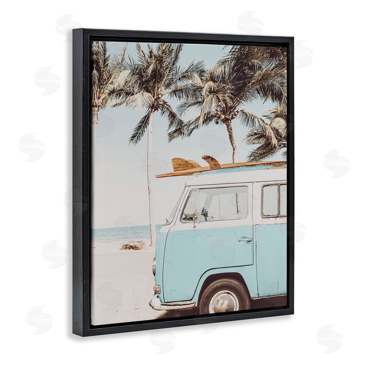 Retro Surfboard & Van Black Floating Frame Canvas Wall Art, Home Decor by LSR Design Studio
