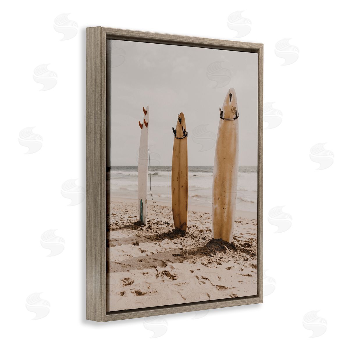 Coastal Standing Surfboards Brown Floating Frame Canvas Wall Art, Home Decor by LSR Design Studio