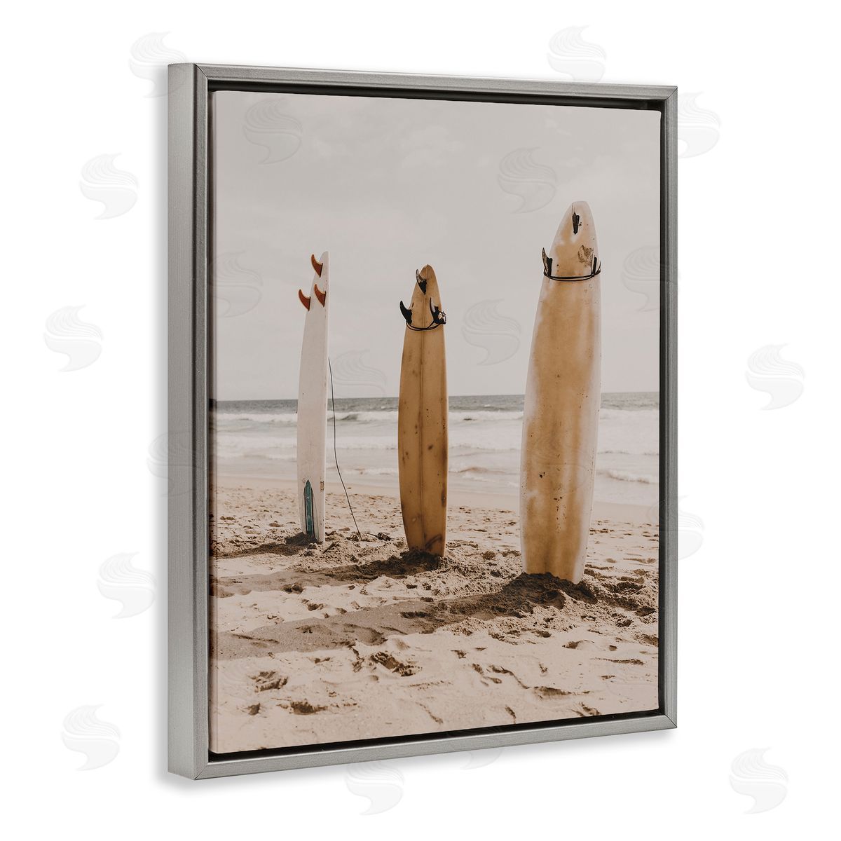 Coastal Standing Surfboards Grey Floating Frame Canvas Wall Art, Home Decor by LSR Design Studio