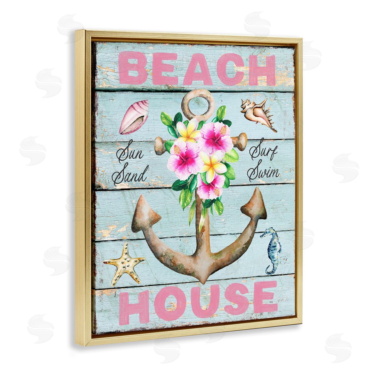 Pink Beach House Rustic Gold Floating Frame Canvas Wall Art, Home Decor by Creatif Belle