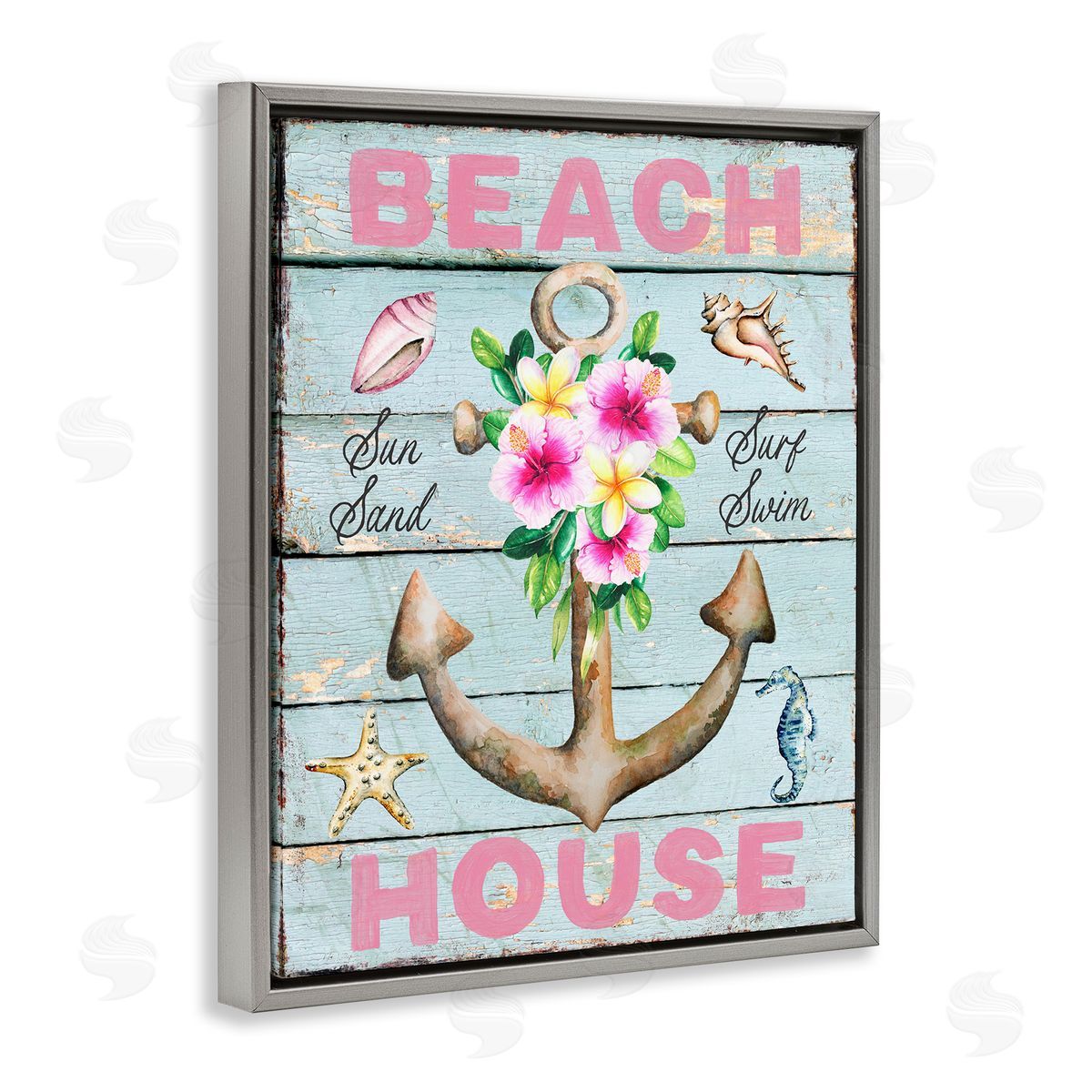 Pink Beach House Rustic Grey Floating Frame Canvas Wall Art, Home Decor by Creatif Belle