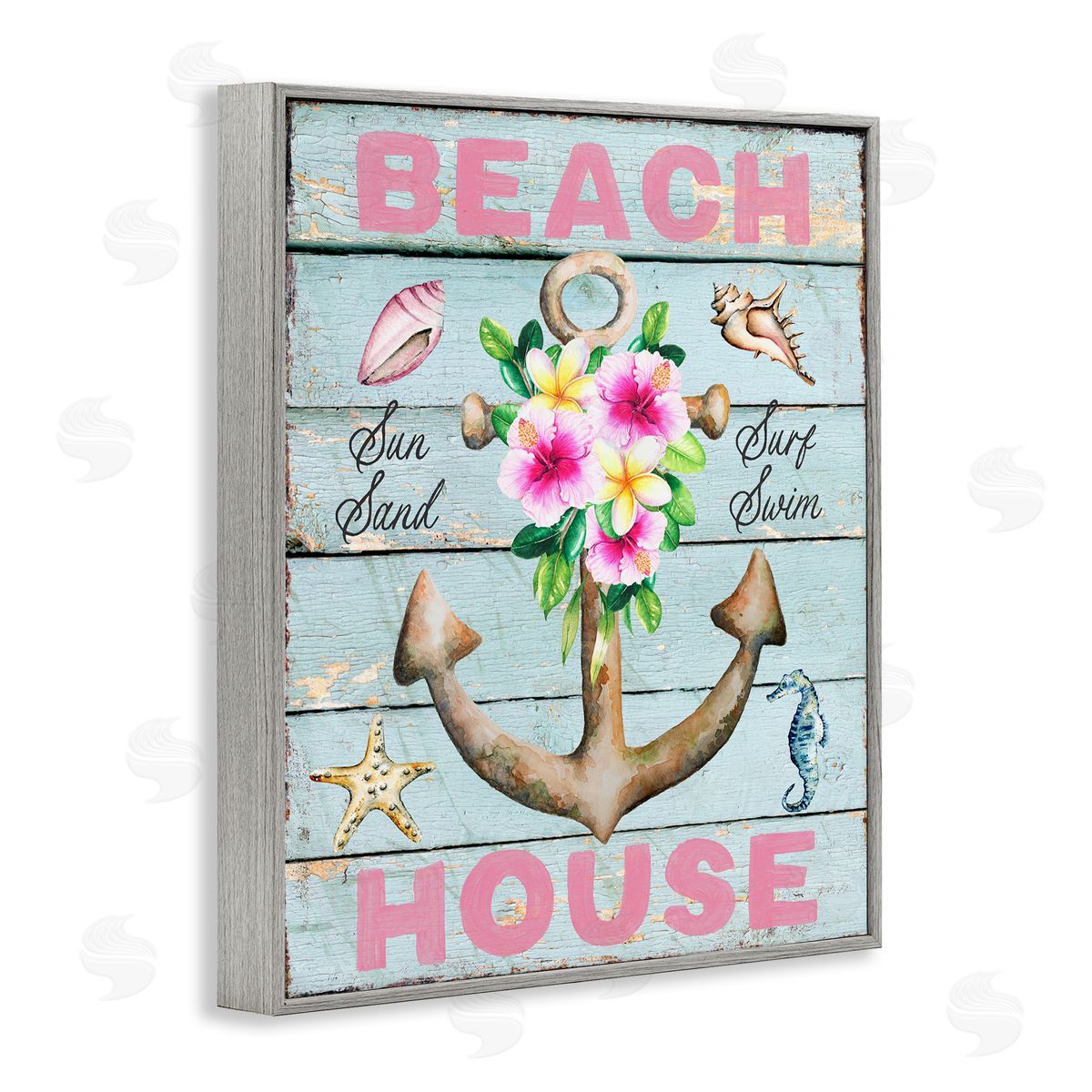 Pink Beach House Rustic Grey Frame Print Wall Art, Home Decor by Creatif Belle