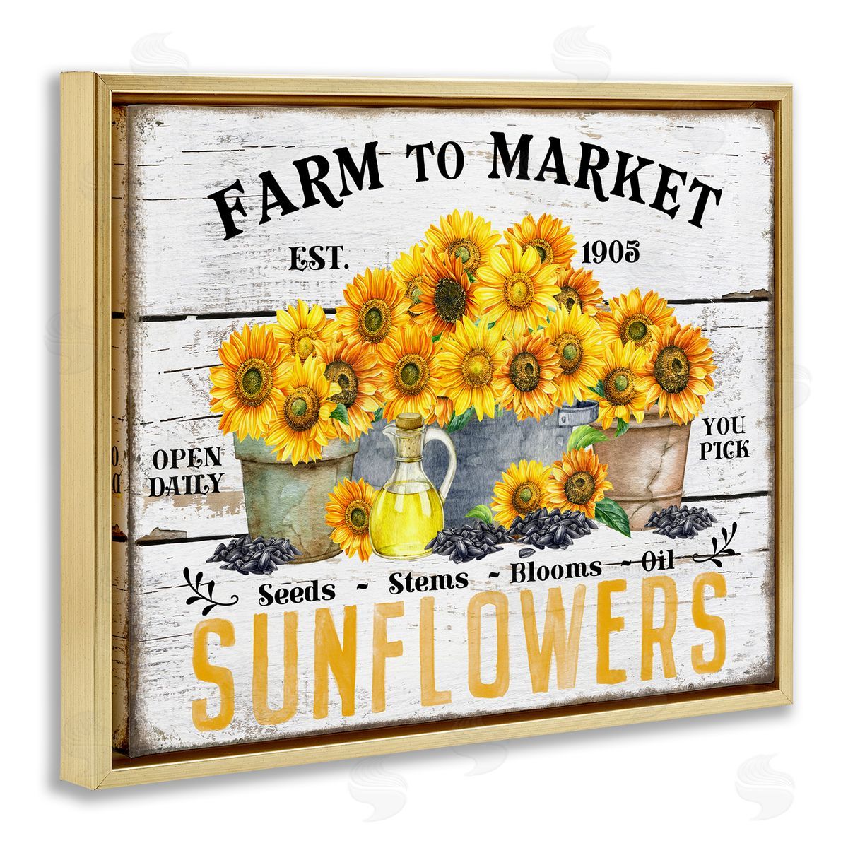 Farm To Market Sunflowers Gold Floating Frame Canvas Wall Art, Home Decor by Creatif Belle