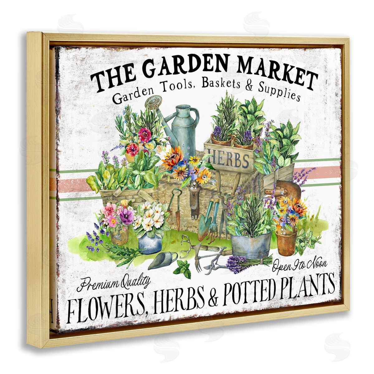 Garden Market Bistro Stripe Gold Floating Frame Canvas Wall Art, Home Decor by Creatif Belle