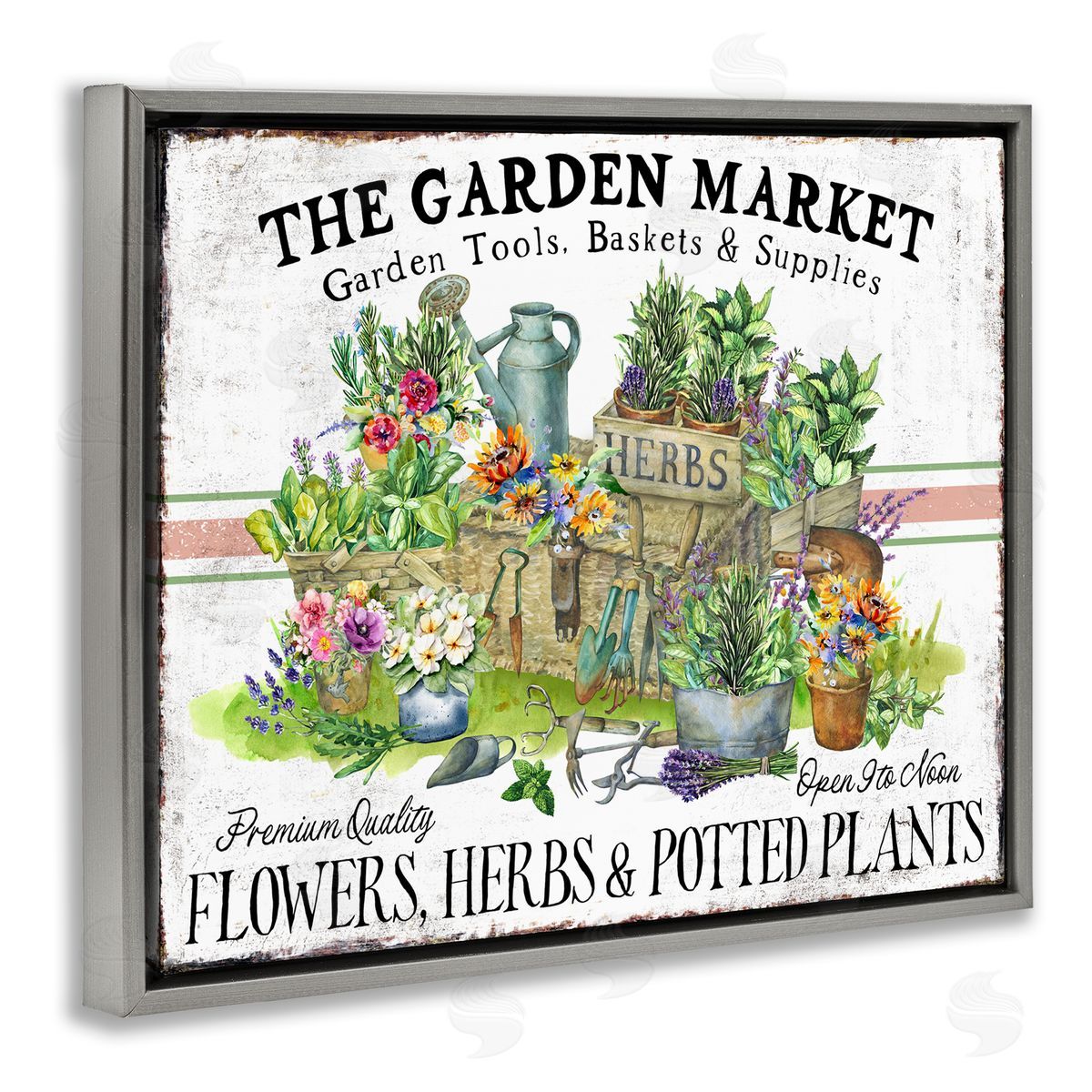 Garden Market Bistro Stripe Grey Floating Frame Canvas Wall Art, Home Decor by Creatif Belle