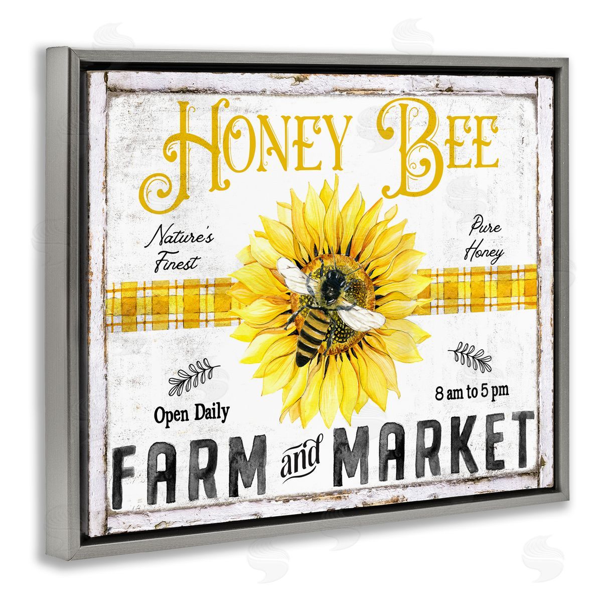 Rustic Honey Bee & Flower Grey Floating Frame Canvas Wall Art, Home Decor by Creatif Belle