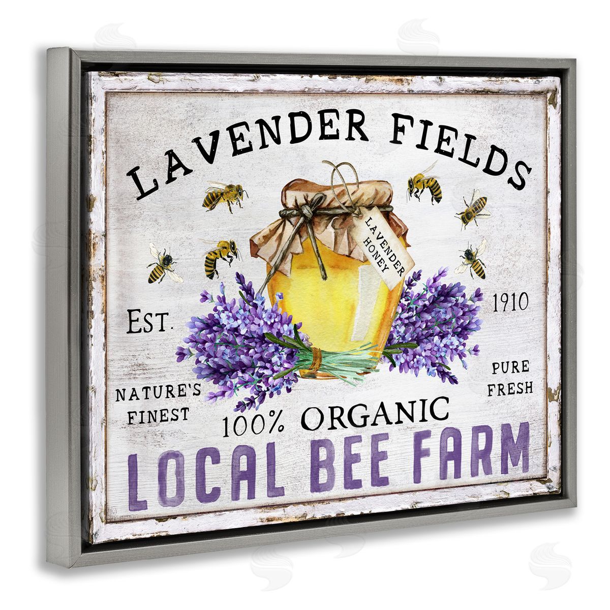 Lavender Fields Bee Farm Grey Floating Frame Canvas Wall Art, Home Decor by Creatif Belle