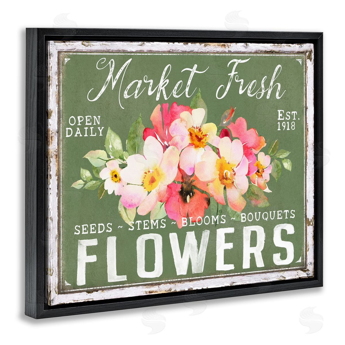 Antique Market Fresh Flowers Black Floating Frame Canvas Wall Art, Home Decor by Creatif Belle