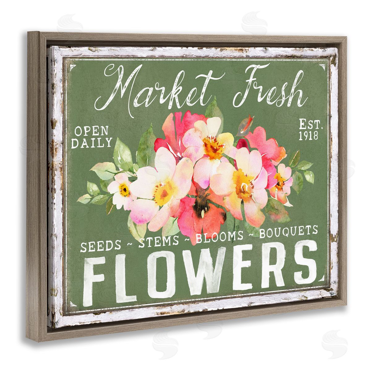 Antique Market Fresh Flowers Brown Floating Frame Canvas Wall Art, Home Decor by Creatif Belle