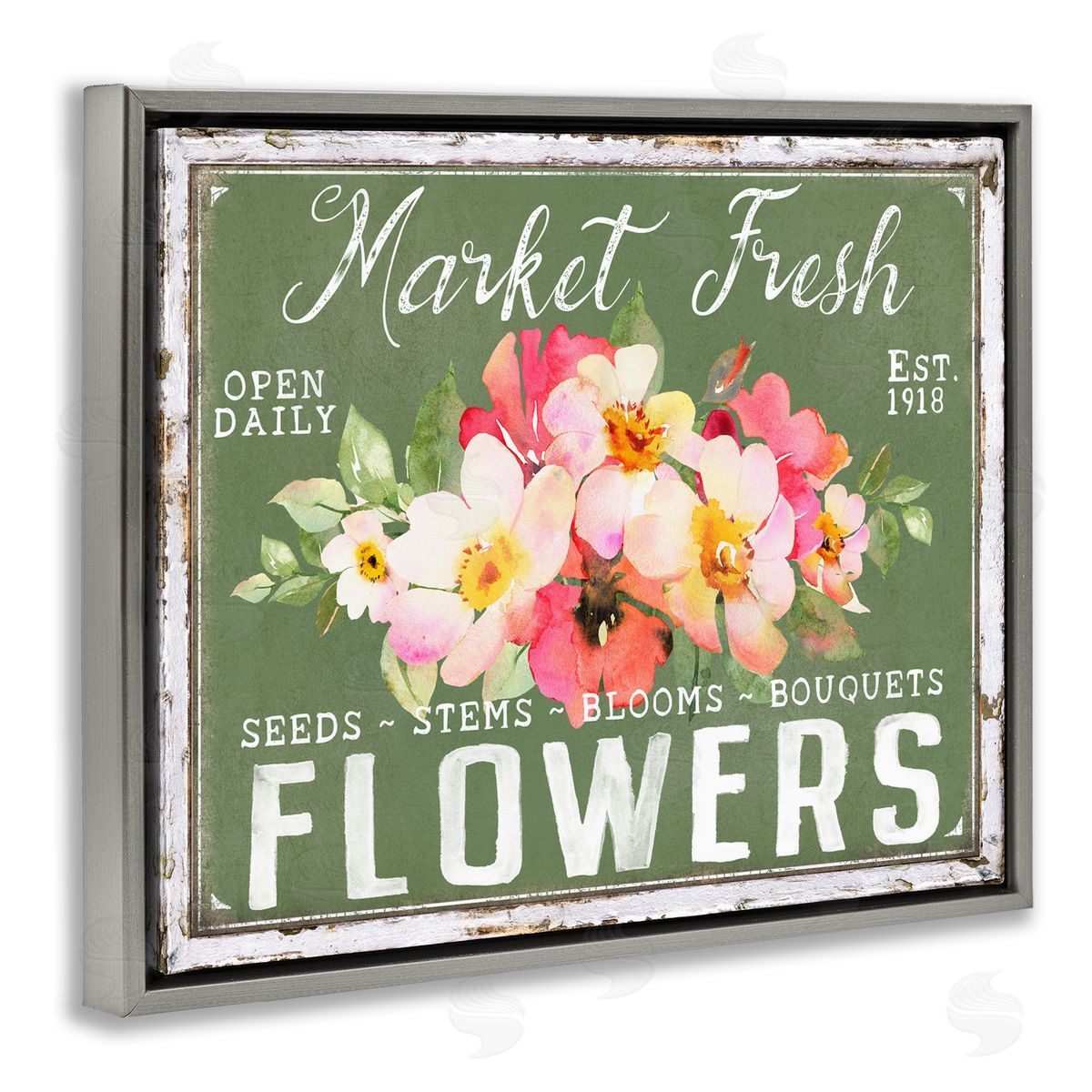 Antique Market Fresh Flowers Grey Floating Frame Canvas Wall Art, Home Decor by Creatif Belle