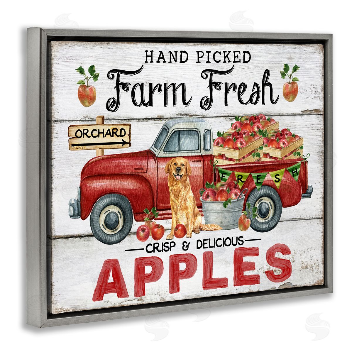 Farm Fresh Apples Truck Grey Floating Frame Canvas Wall Art, Home Decor by Creatif Belle