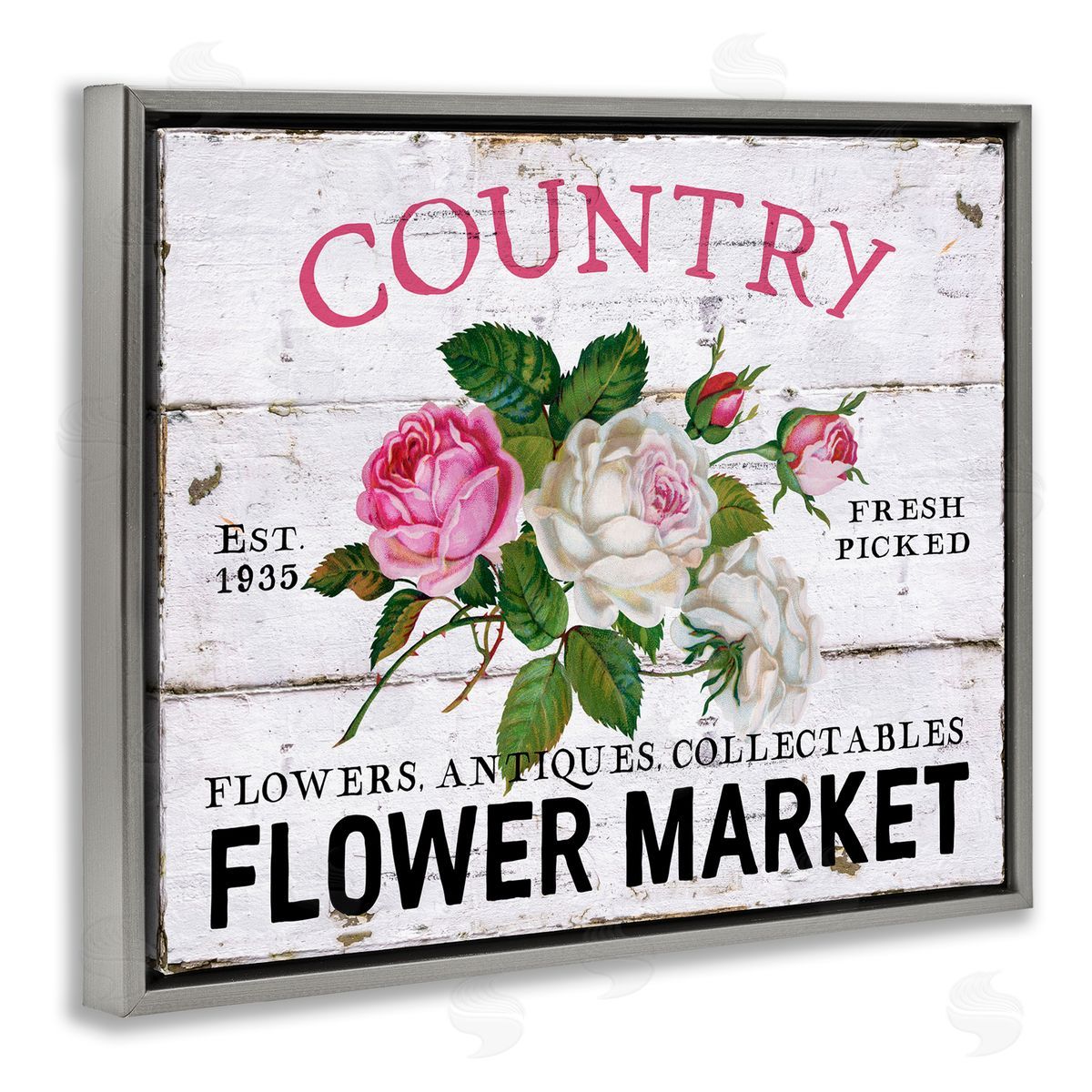 Pink Country Flower Market Grey Floating Frame Canvas Wall Art, Home Decor by Creatif Belle