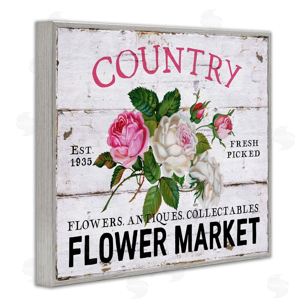 Pink Country Flower Market Grey Frame Print Wall Art, Home Decor by Creatif Belle