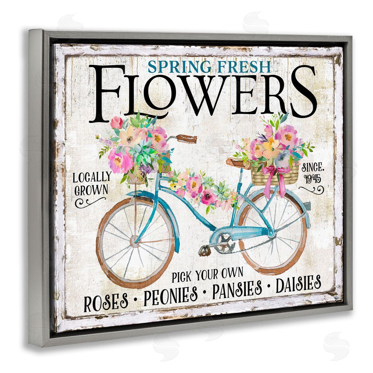 Spring Fresh Flowers & Bike Grey Floating Frame Canvas Wall Art, Home Decor by Creatif Belle
