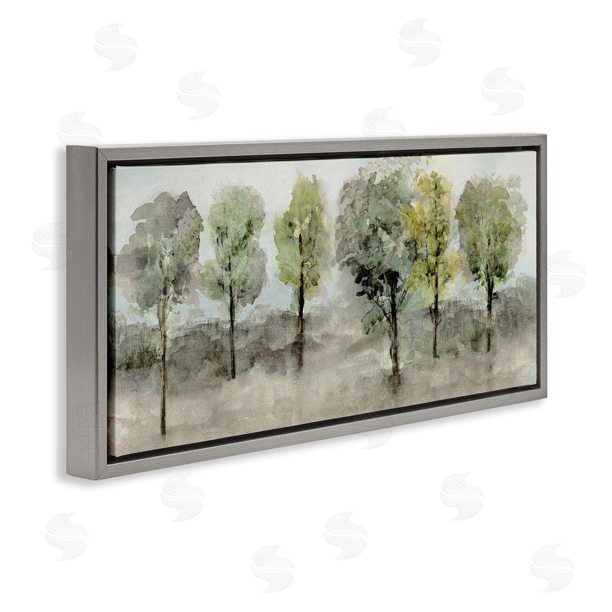 Splashed Watercolor Trees Grey Floating Frame Canvas Wall Art, Home Decor by Val Rhodes