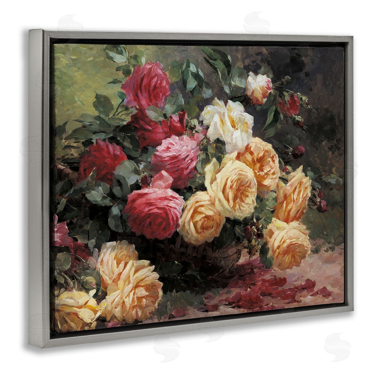 Vintages Roses Still Life Grey Floating Frame Canvas Wall Art, Home Decor by Albert-Tibulle Furcy de Lavault