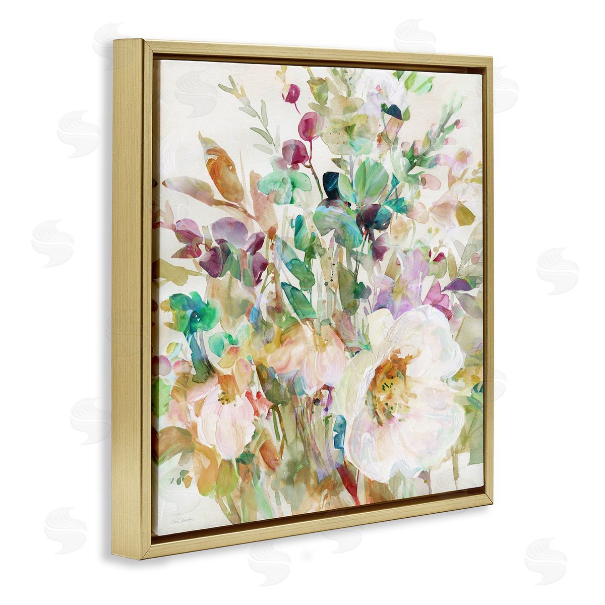 Opaque Distressed Blooms Gold Floating Frame Canvas Wall Art, Home Decor by Carol Robinson