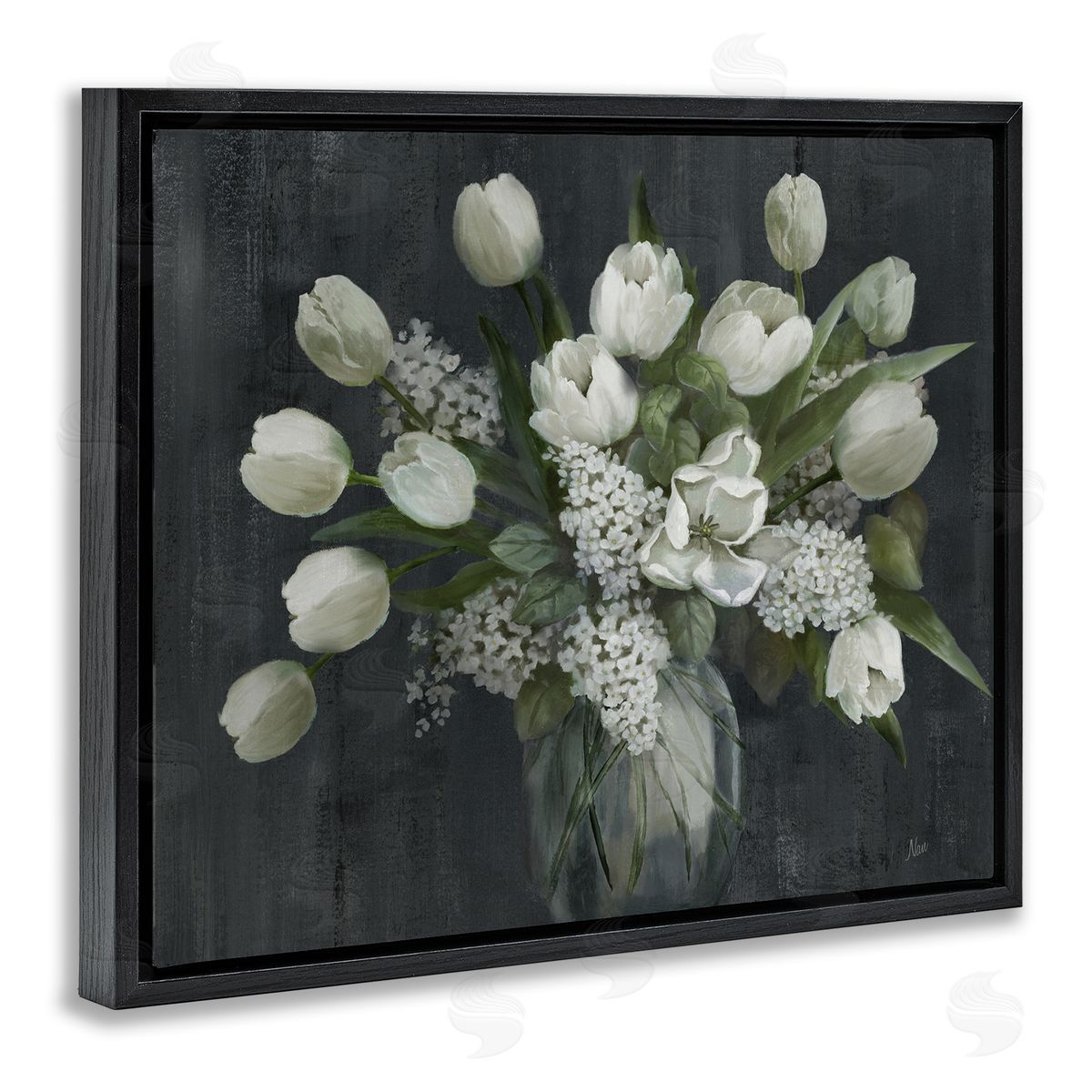 Traditional Tulips on Gray Black Floating Frame Canvas Wall Art, Home Decor by Nan