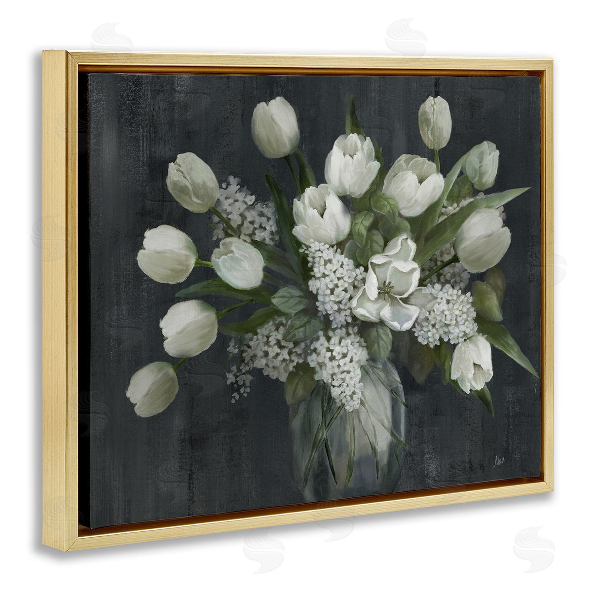 Traditional Tulips on Gray Gold Floating Frame Canvas Wall Art, Home Decor by Nan